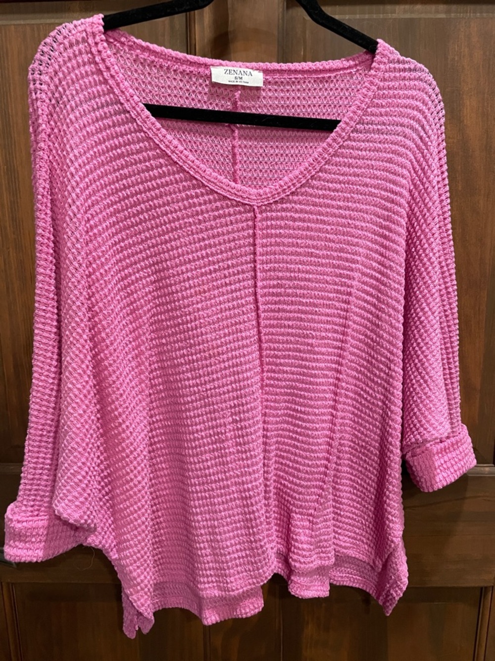 Zenana Outfitters Bright Pink V-Neck Waffle Knit Sweater